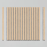 A square panel with vertical light wood slats evenly spaced over a gray background, with two separate wood slats positioned on the left and right sides of the panel.