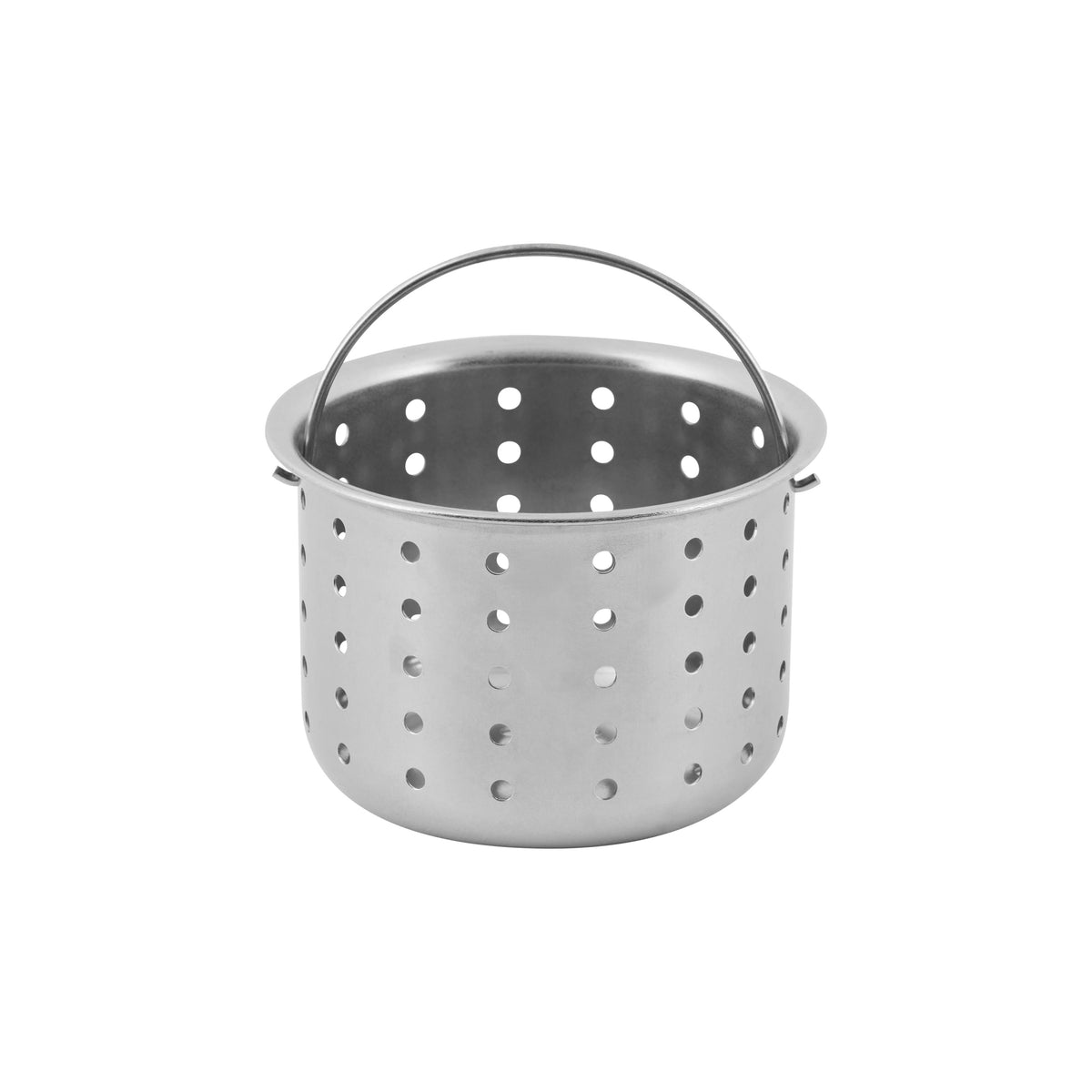 A stainless steel colander with large round holes and a handle, designed for draining or rinsing food. The colander is empty and placed on a plain white background.