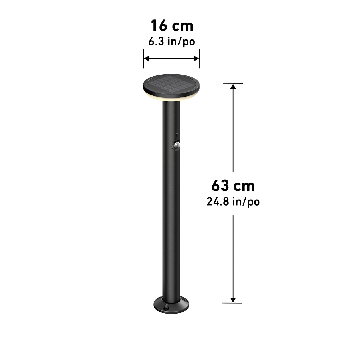 Artika Urbia Solar LED Bollard with Motion Sensor, 63 cm tall, 16 cm wide, shown with measurement labels in cm and inches.