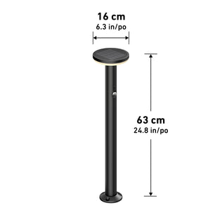 Artika Urbia Solar LED Bollard with Motion Sensor, 63 cm tall, 16 cm wide, shown with measurement labels in cm and inches.