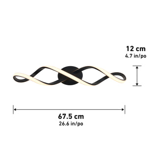 The Artika Swirl LED bathroom vanity light features a modern black and white twisted design, measuring 67.5 cm (26.6 in) long and 12 cm (4.7 in) high, with sizes clearly shown in both centimeters and inches.