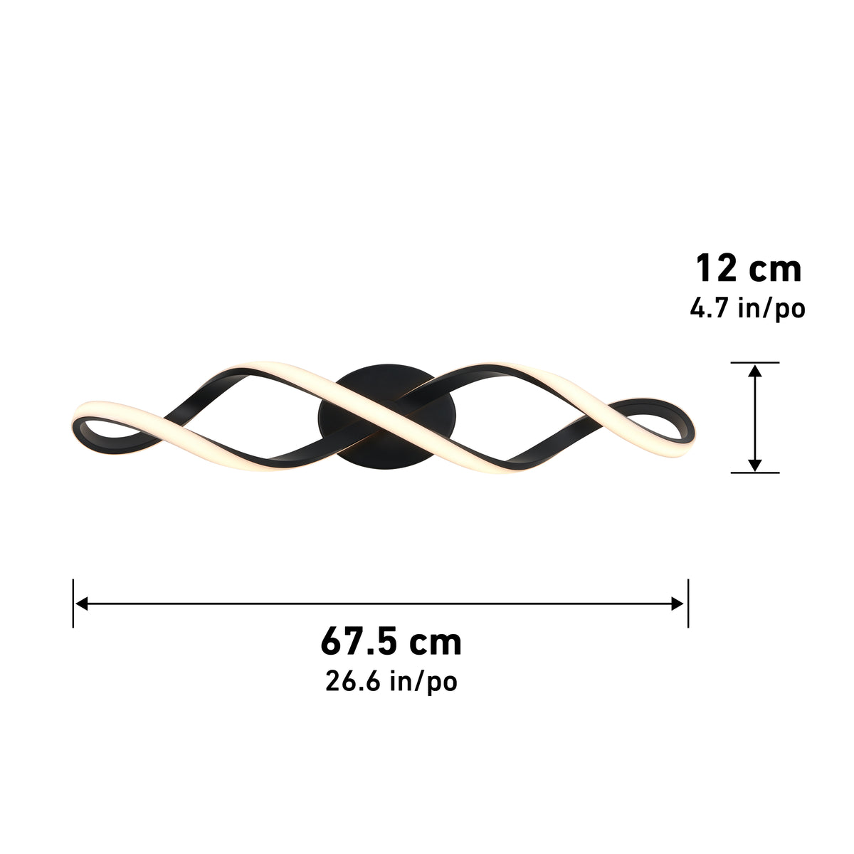 A modern wall light with two intertwined, wave-like LED bars mounted on a round base. The fixture measures 67.5 cm (26.6 in) wide and 12 cm (4.7 in) tall, as shown by labeled arrows.