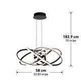 Modern black and white LED pendant light fixture with intertwined rings, hanging from a ceiling mount. Dimensions are 182.9 cm (72 in) in height and 58 cm (22.83 in) in width, indicated with arrows and labels.