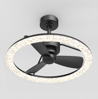 The Artika Carat 23" LED Modern Ceiling Fan features three black blades, a gemstone-cut diffuser, and an illuminated circular light ring.