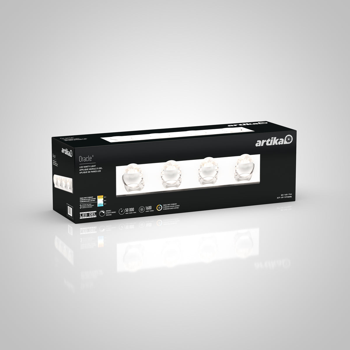 Box of Artika Oracle 4-light vanity fixture. The package is black with images and specs of the modern, round crystal light fixture shown on the front. The box is placed on a neutral, light gradient background.