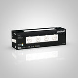 Box of Artika Oracle 4-light vanity fixture. The package is black with images and specs of the modern, round crystal light fixture shown on the front. The box is placed on a neutral, light gradient background.