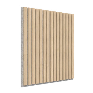 The Artika Sonolok 15.5 ft sound-absorbing wall panel kit features a vertical rectangular design with light wood slats evenly spaced over gray felt, shown angled to highlight its depth and texture.