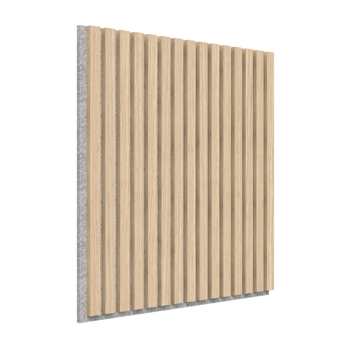 A rectangular acoustic panel with vertical wooden slats mounted on a gray felt backing, shown angled to the right against a white background.