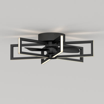 The Artika Swirl 26 in. LED modern ceiling fan features geometric square light frames, four blades, three speeds, and comes with a remote—shown in black and mounted on a white ceiling.