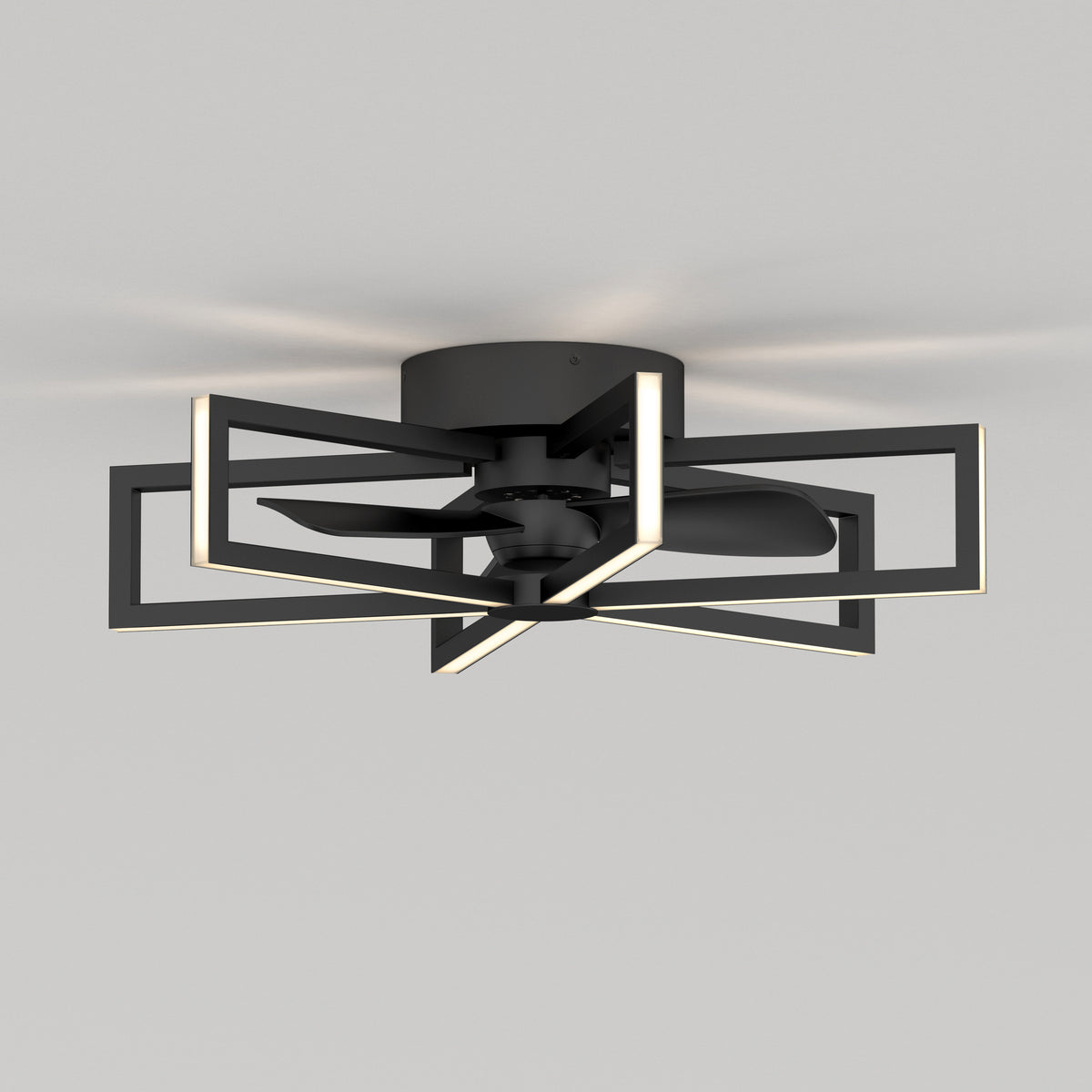A modern black ceiling fan with four rectangular LED light frames surrounding the blades, mounted flush to a white ceiling.