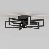 A modern black ceiling fan with four rectangular LED light frames surrounding the blades, mounted flush to a white ceiling.