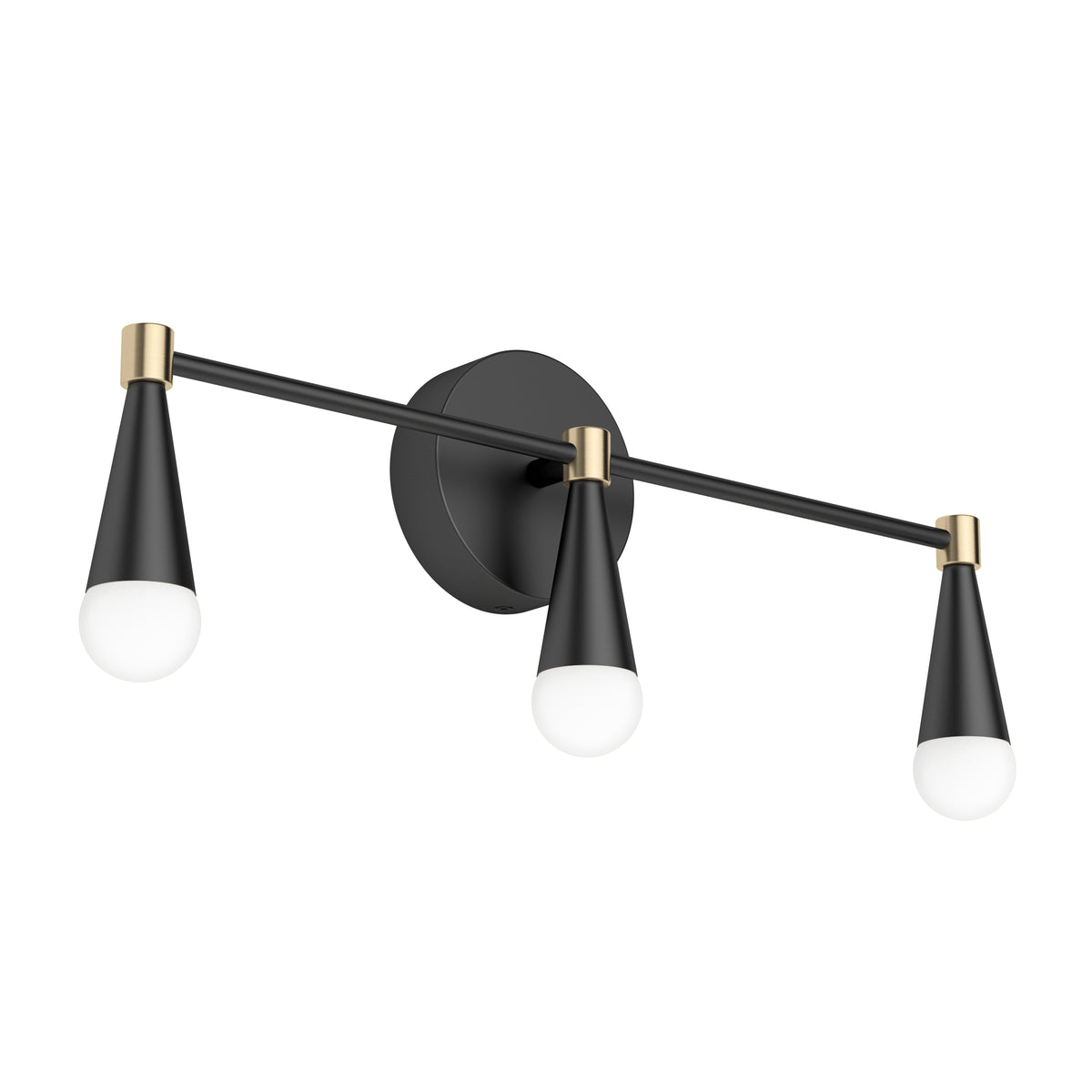 Artika Wayden LED mid-century vanity light features 3 cone-shaped black and gold heads, perfect for stylish bathrooms.