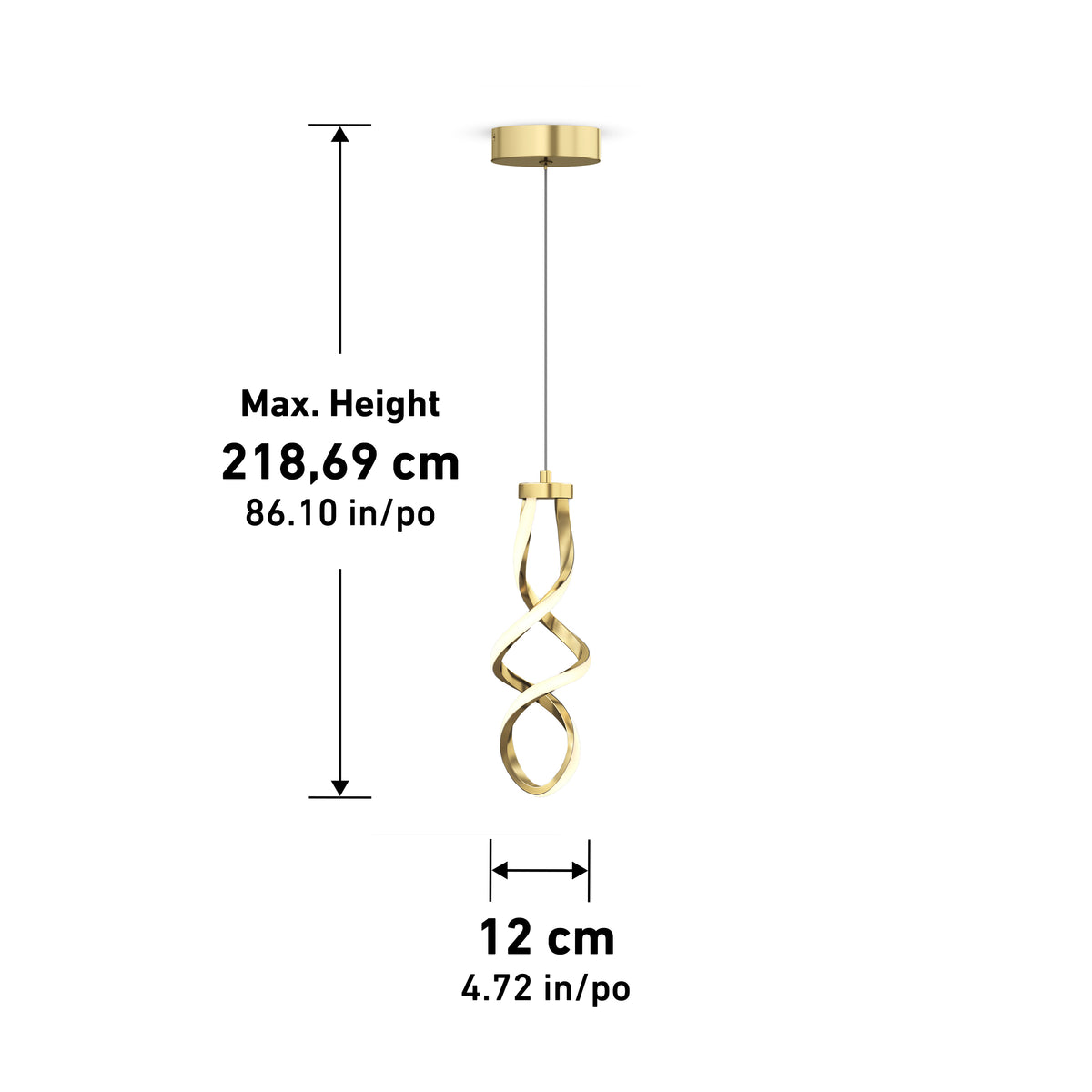 Artika’s Mini Swirl LED pendant light features a modern gold twisted design and hangs from the ceiling. Adjustable suspension allows a max height of 218.69 cm (86.10 in); width is 12 cm (4.72 in). Vertical arrow shows adjustability.