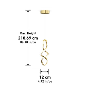 Artika’s Mini Swirl LED pendant light features a modern gold twisted design and hangs from the ceiling. Adjustable suspension allows a max height of 218.69 cm (86.10 in); width is 12 cm (4.72 in). Vertical arrow shows adjustability.