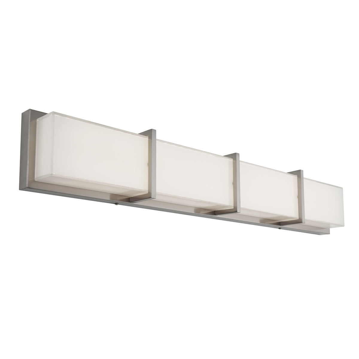 The Artika Subway 35-in (89 cm) Integrated LED Vanity Light Bar for Bathroom features a sleek brushed nickel frame with four rectangular frosted glass shades, perfect for horizontal, wall-mounted installation.