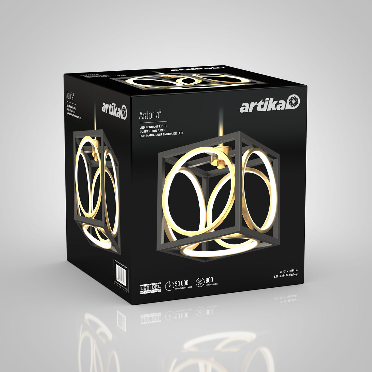 A black box of an Artika Astoria LED pendant light, featuring an image of the modern, geometric light fixture with illuminated circular and rectangular shapes, and product details on the packaging.