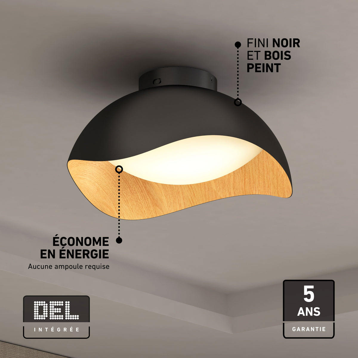 Artika Adara 15 in. LED flush mount, black/wood, 5 CCT options, energy-saving; backed by a 5-year warranty.