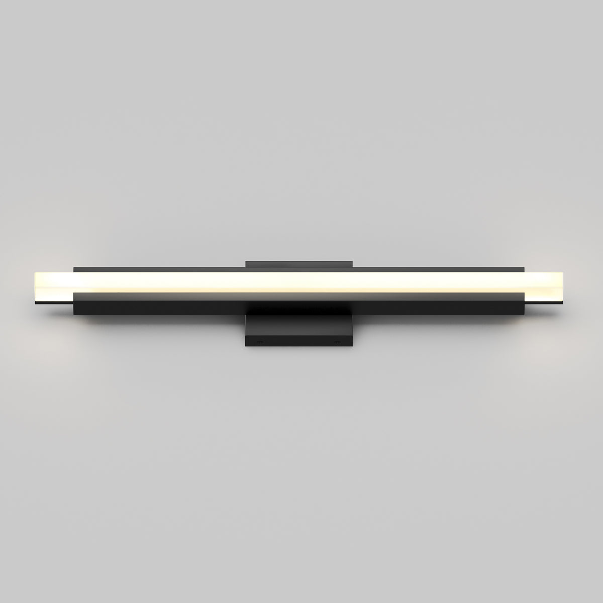 A modern, minimalist wall-mounted LED light fixture with a horizontal, linear design. The fixture features a sleek black base and a long, glowing white light bar extending from both sides.