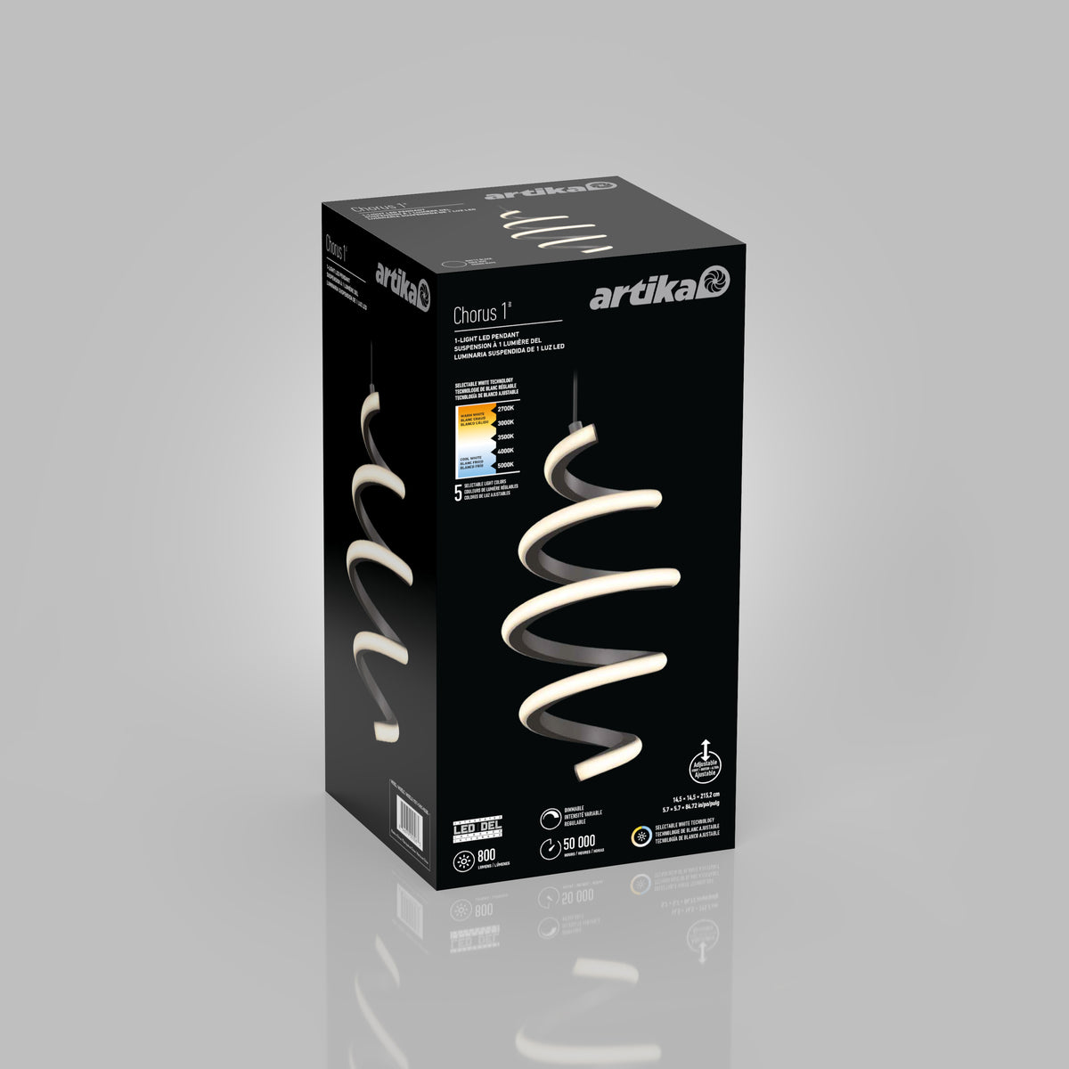 A black box with the brand name Artika displays an image of the Chorus 1-light LED pendant 5 CCT, a decorative lighting fixture featuring adjustable white technology. Product details, icons, and features appear on the front and side panels.