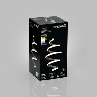A black box with the brand name Artika displays an image of the Chorus 1-light LED pendant 5 CCT, a decorative lighting fixture featuring adjustable white technology. Product details, icons, and features appear on the front and side panels.