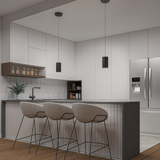 Modern kitchen with white paneled cabinets, gray countertop, three upholstered bar stools, a built-in refrigerator, open shelving with jars, a small plant on the counter, and two Artika Alton mini LED pendant lights (5 CCT).