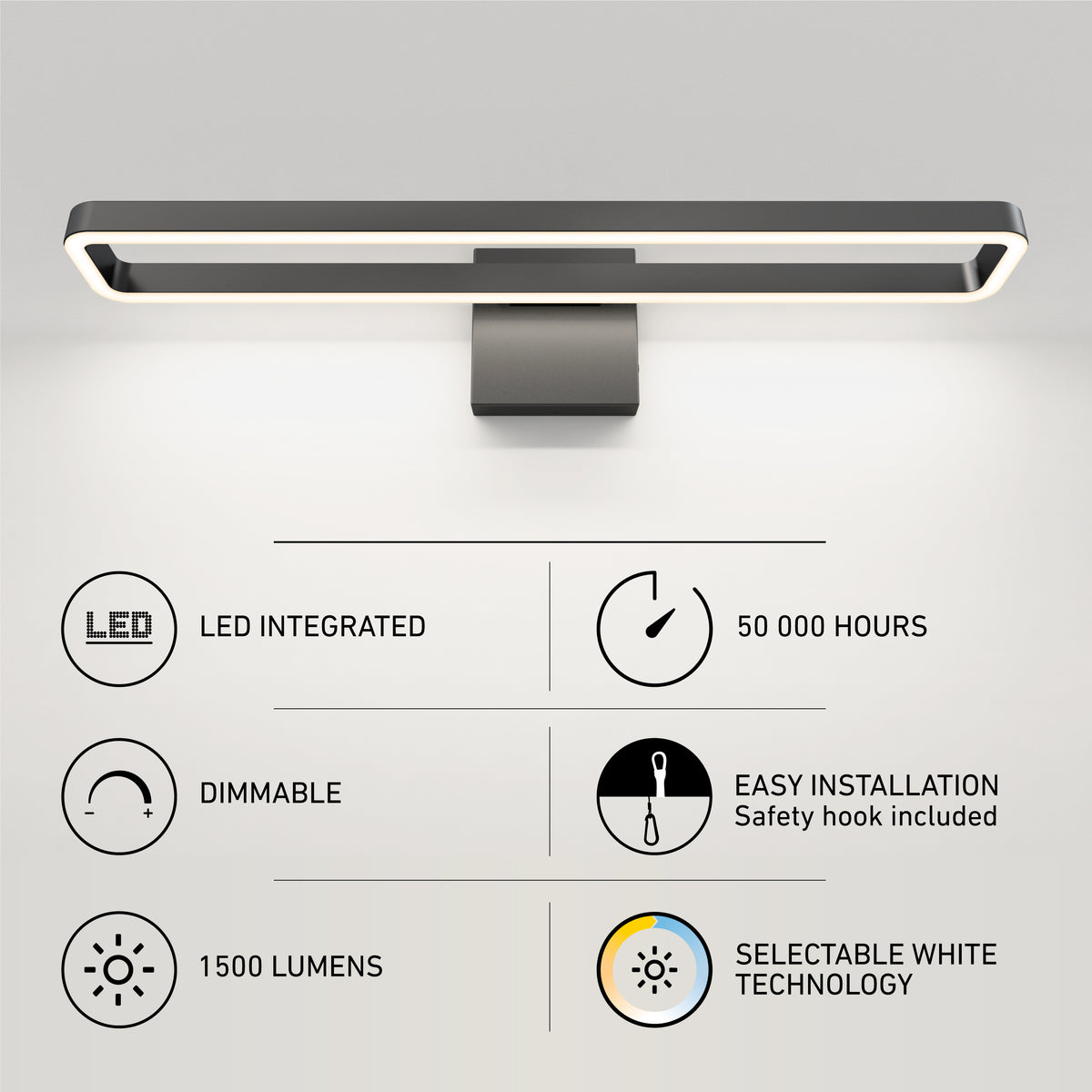 Modern rectangular LED wall light fixture with glowing edge, mounted above icons highlighting its features: LED integrated, 50,000-hour lifespan, dimmable, 1500 lumens, easy installation, and selectable white technology.