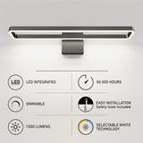 Modern rectangular LED wall light fixture with glowing edge, mounted above icons highlighting its features: LED integrated, 50,000-hour lifespan, dimmable, 1500 lumens, easy installation, and selectable white technology.