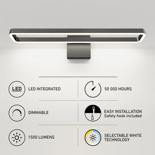 Artika Hinge 27-in Integrated LED 3-CCT Vanity Light Bar features a modern rectangular matte black design, selectable white technology, 1500 lumens, dimmable lighting, easy install with safety hook, and a 50,000-hour LED lifespan.