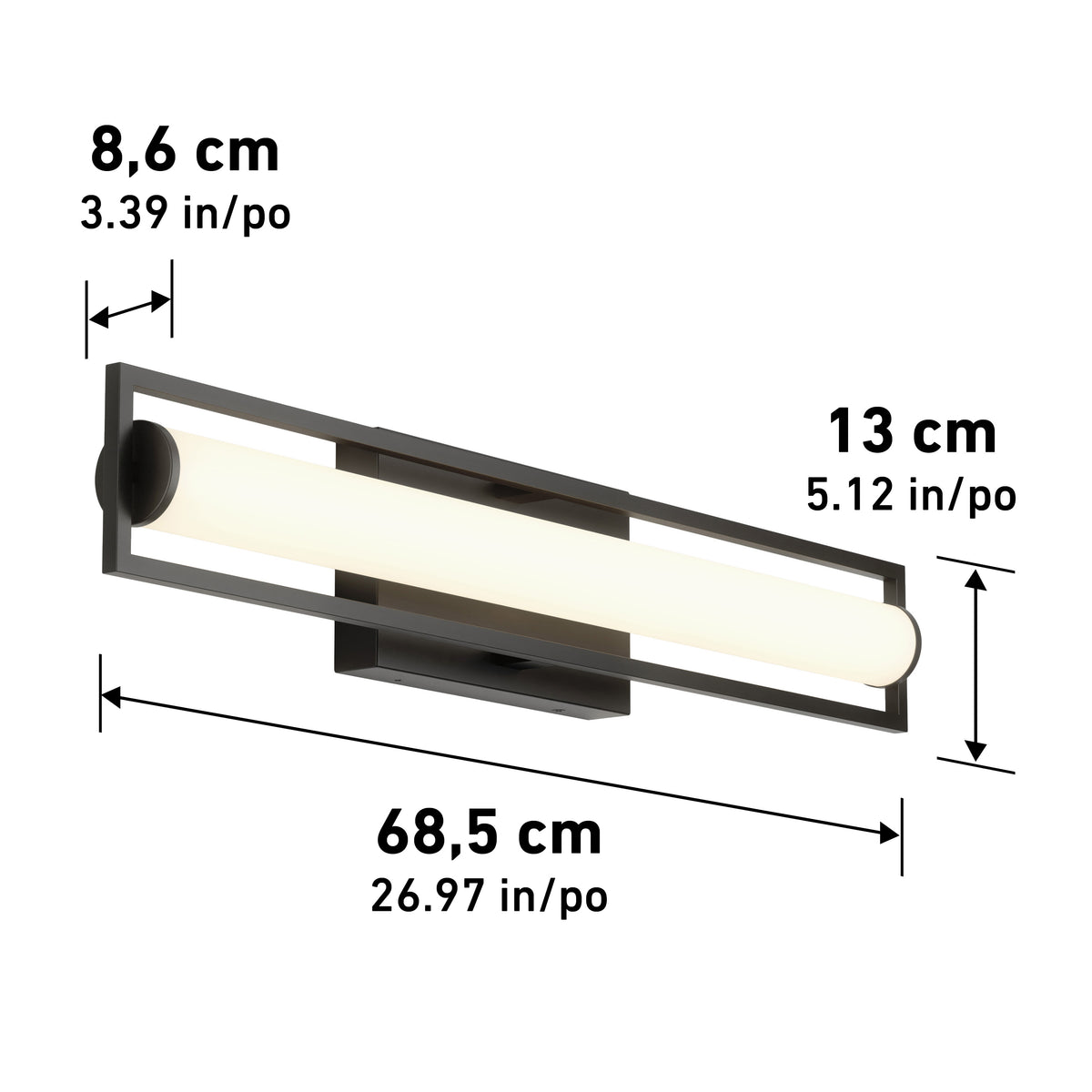Rectangular black wall-mounted light fixture with a frosted cylindrical bulb inside. Dimensions are labeled: 8.6 cm (3.39 in) deep, 13 cm (5.12 in) high, and 68.5 cm (26.97 in) wide.