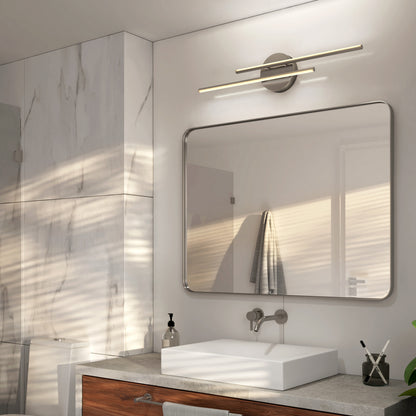 A modern bathroom with a marble wall, white square sink, wooden vanity, and rectangular mirror features the Artika Cisco modern LED bathroom vanity light 5 CCT for adjustable lighting. A towel hangs in the background near this sleek setup.