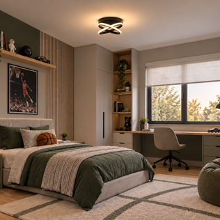 An Artika Orbia 14 in. (36 cm) Modern LED Flush Mount Ceiling Light 3 CCT with intersecting rings glows on the ceiling of a decorated bedroom.