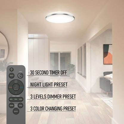 A modern living room features the Artika Europa 21 in. LED flush mount light with a remote, offering a 30-second timer off, night light mode, 3-level dimmer, and 3 color-changing presets. The remote control is displayed on the left.