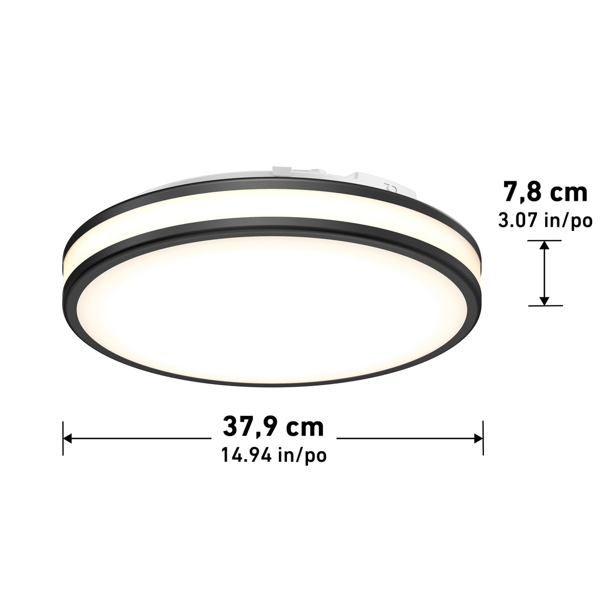 The Artika Hemisphere 15 in. LED flush mount light offers adjustable brightness, a sleek black trim, white diffuser, and measures 14.94" diameter x 3.07" height—perfect as a modern bathroom fixture with 5 selectable color temperatures.