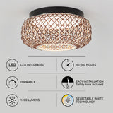 A ceiling light with a woven rattan-style shade, black base, and integrated LED. Features noted: LED integrated, dimmable, 1200 lumens, 50,000 hours lifespan, selectable white technology, and easy installation.