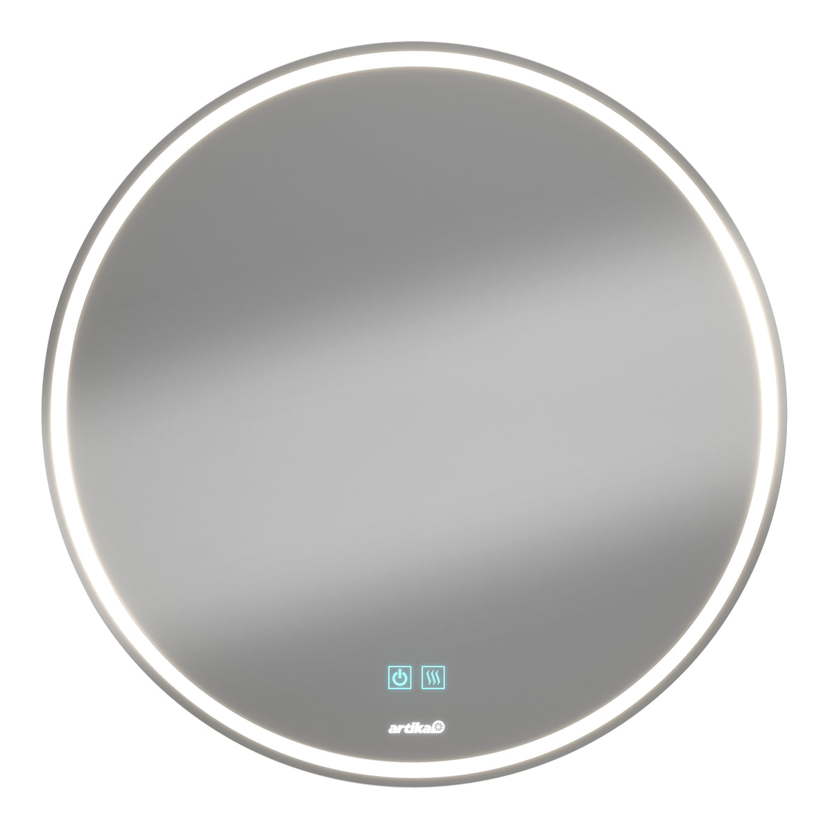 A round, wall-mounted mirror with an illuminated LED light ring around the edge and touch-sensitive controls visible at the bottom center.