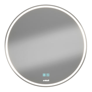 The Artika Mateo 28 in. LED mirror features built-in edge lighting, two illuminated touch controls at the bottom center, 3 CCT options, and a defogger—all against a sleek white background.