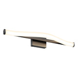 A modern wall-mounted light fixture with a gently curved, glowing white bar attached to a rectangular black base.