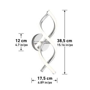The Artika DNA modern LED wall sconce 3 CCT features a twisted chrome and white design with integrated LED, adjustable color temperature, and measures 38.5 cm x 17.5 cm x 12 cm (15.16" x 6.89" x 4.7").