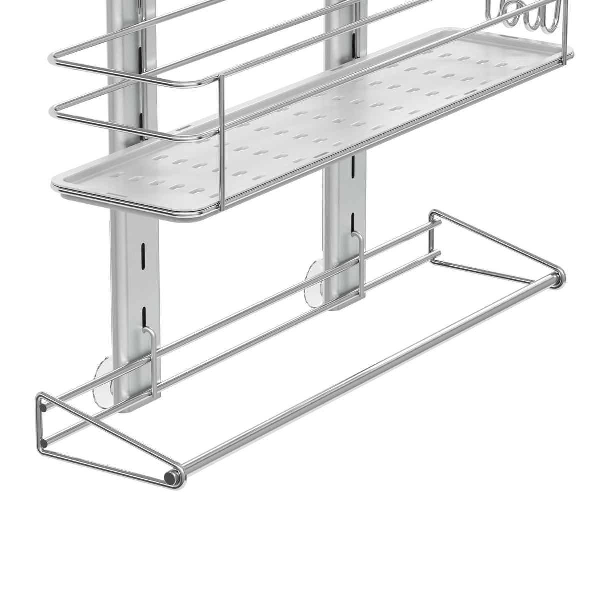The Artika Camden Shower Caddy is a metal, wall-mounted shelf with a rectangular perforated tray and lower rail for organizing toiletries and hanging towels.