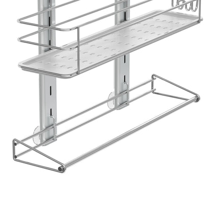 The Artika Camden Shower Caddy is a metal, wall-mounted shelf with a rectangular perforated tray and lower rail for organizing toiletries and hanging towels.