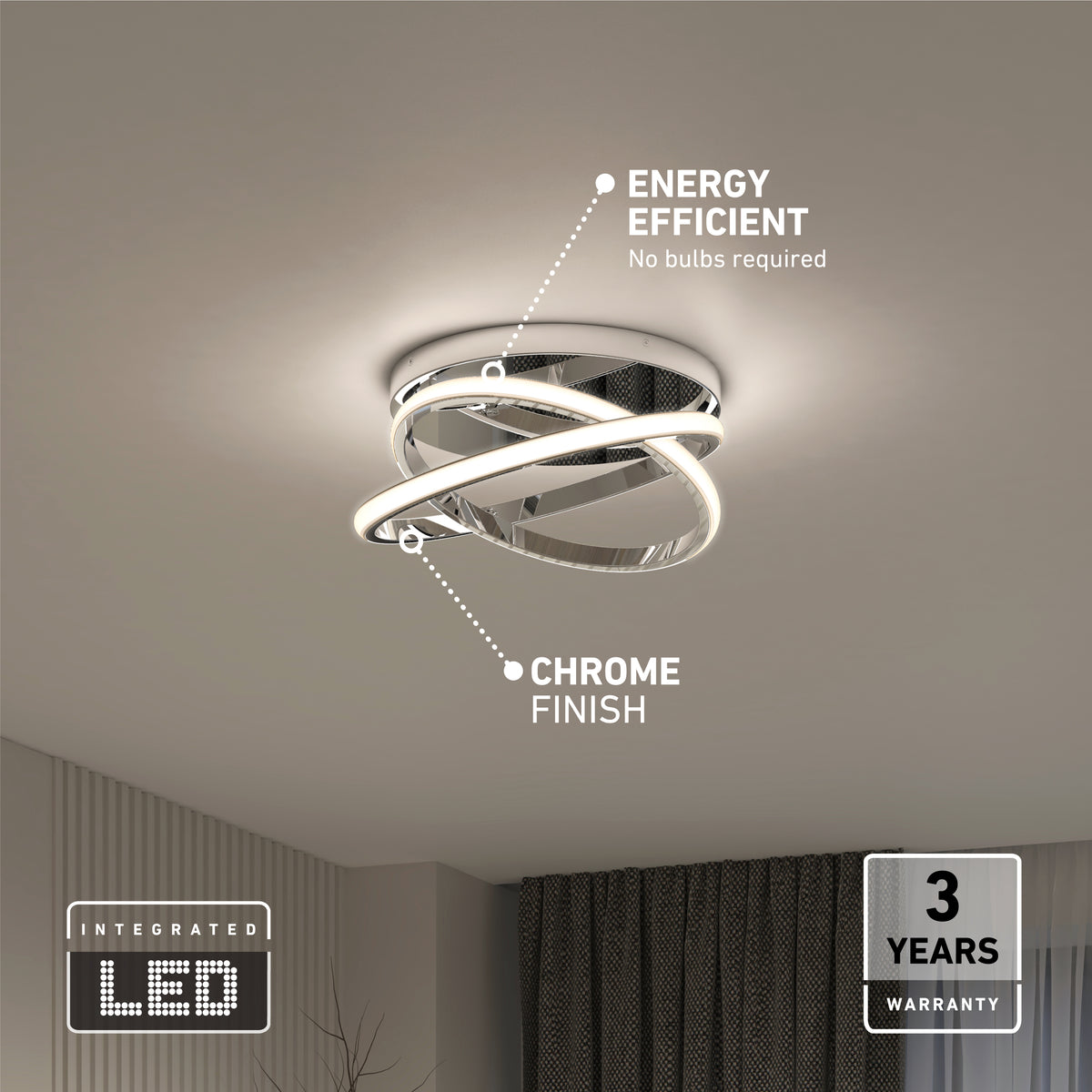 Modern ceiling light fixture with intertwined LED loops and a chrome finish, labeled as energy efficient (no bulbs required), with a 3-year warranty and integrated LED, installed in a contemporary room.