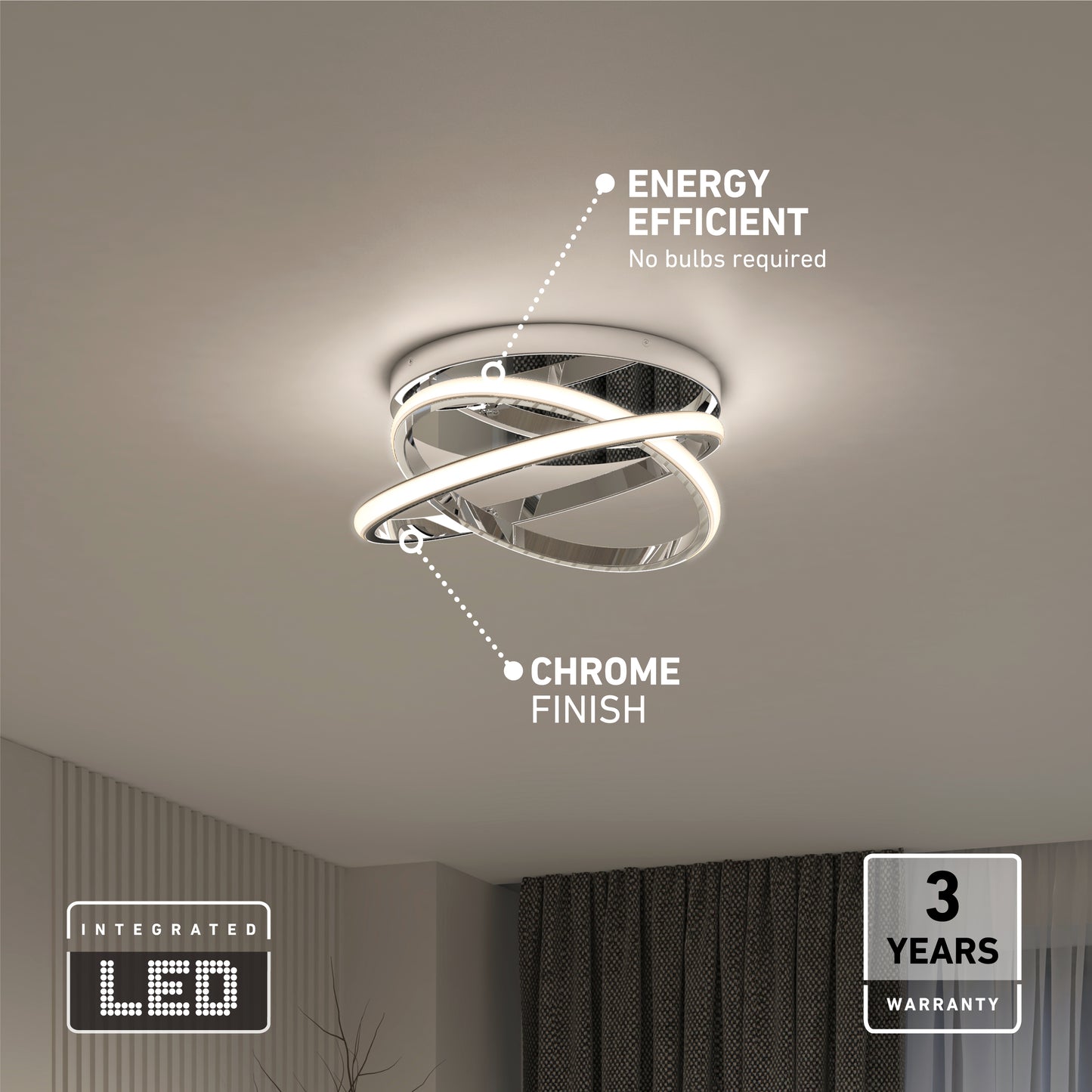 The Artika Orbia modern LED flush mount light 3 CCT features a chrome finish, is energy efficient, needs no bulbs, and includes a 3-year warranty. Shown mounted on a white ceiling with dark curtains visible in the room.
