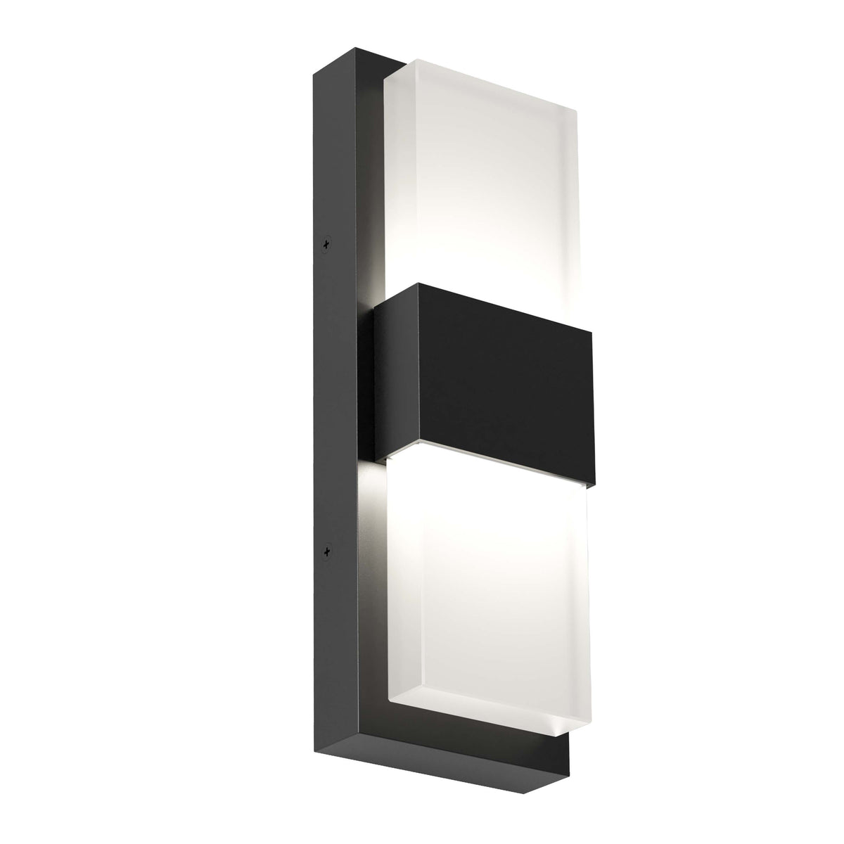 A modern wall sconce light fixture with a rectangular black metal frame and two frosted white glass panels, one above and one below a central black square.