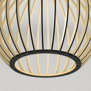 Close-up of the Artika Tomi LED Pendant Light 3 CCT, featuring a circular black frame and curved golden slats in an open, cage-like design against a neutral background.