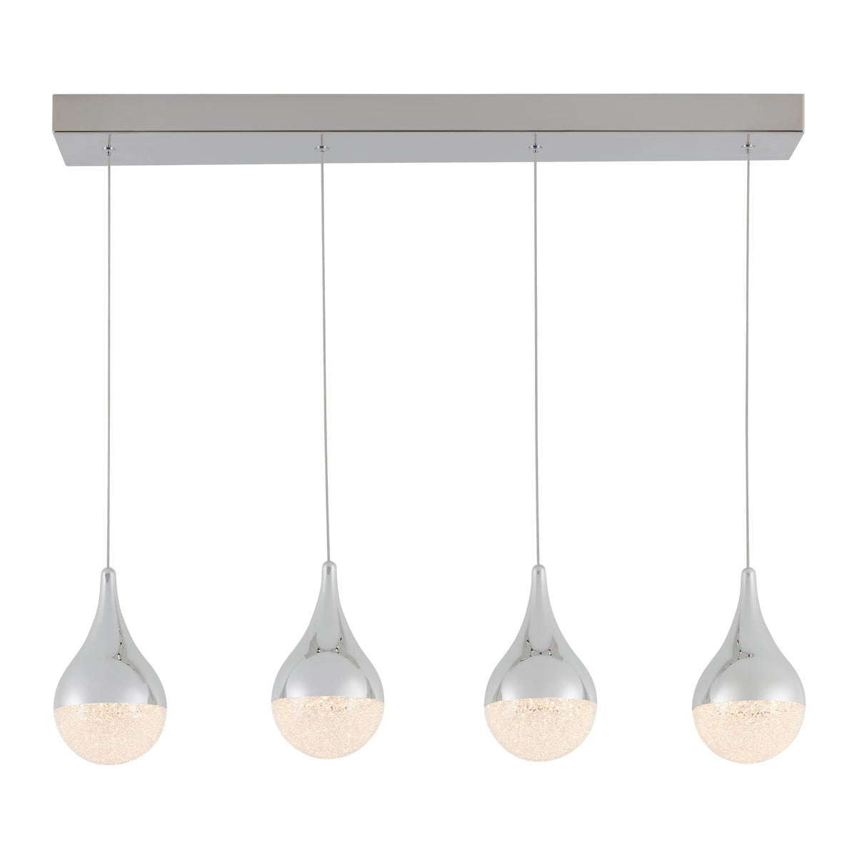Four modern pendant lights with chrome teardrop-shaped fixtures hang in a row from a rectangular ceiling mount, each glowing softly with a textured inner surface.