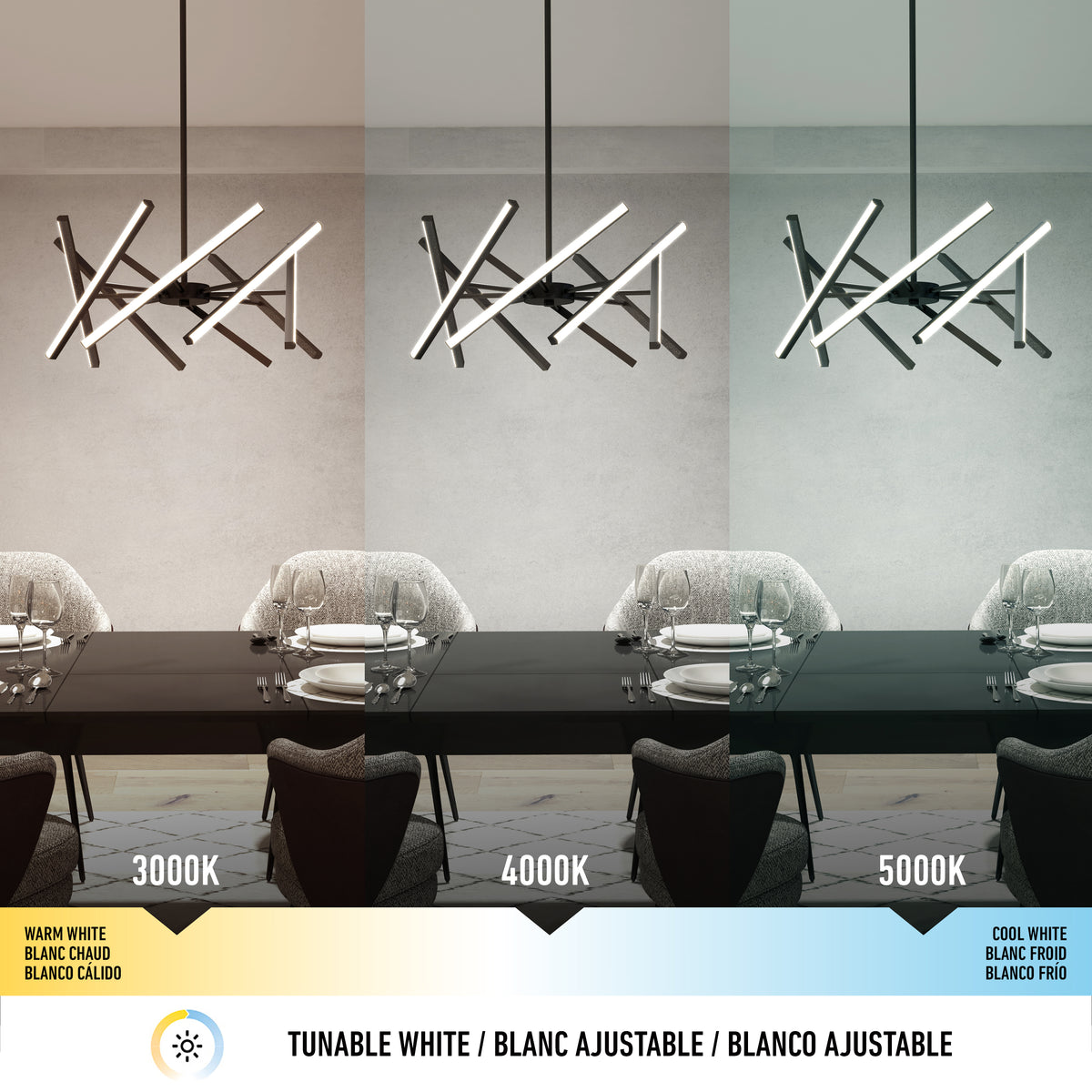 A dining room features the Artika Malibu LED pendant light 3 CCT, shown at warm white (3000K), neutral white (4000K), and cool white (5000K) to display how each lighting temperature changes the room’s atmosphere.