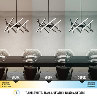 A dining room features the Artika Malibu LED pendant light 3 CCT, shown at warm white (3000K), neutral white (4000K), and cool white (5000K) to display how each lighting temperature changes the room’s atmosphere.