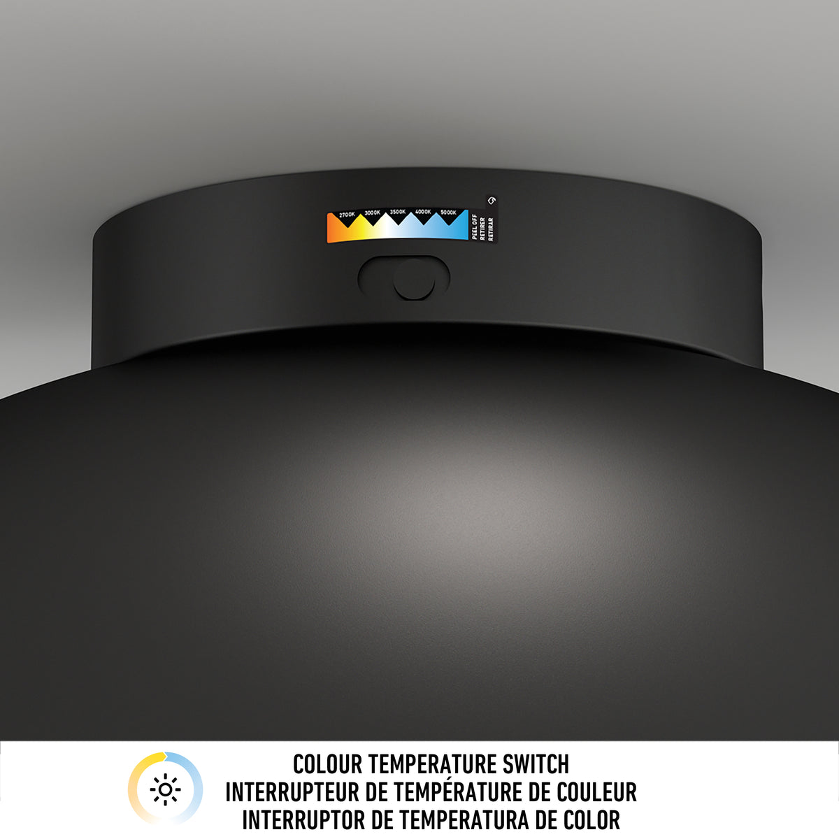 Close-up of Artika Adara 15 in. LED flush mount with CCT switch and indicator above the dimmable button.