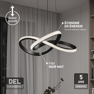Artika Morgan LED contemporary pendant light 5 CCT featuring two interlocking black rings with an adjustable height and a sleek matte finish.