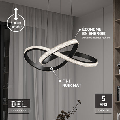 Artika Morgan LED contemporary pendant light 5 CCT featuring two interlocking black rings with an adjustable height and a sleek matte finish.